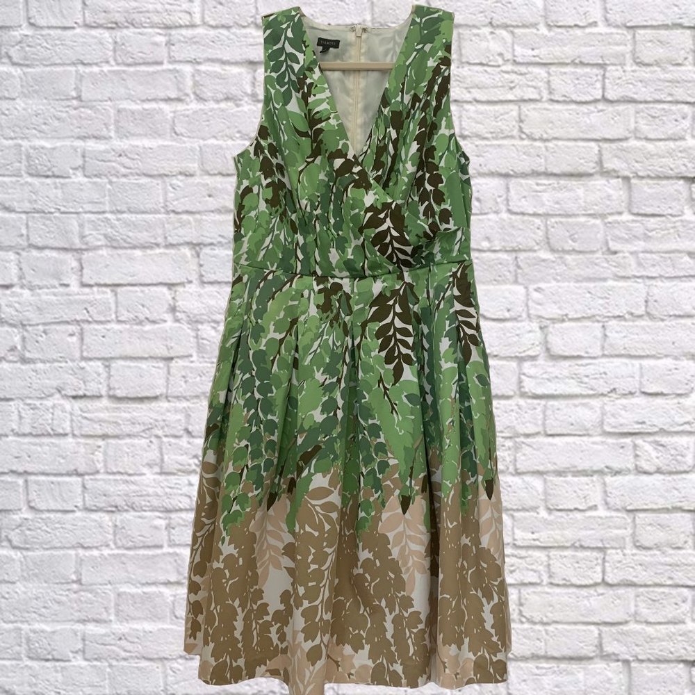 Talbots Leaf Print Floral V-Neck Dress Green / Tan Women's 8